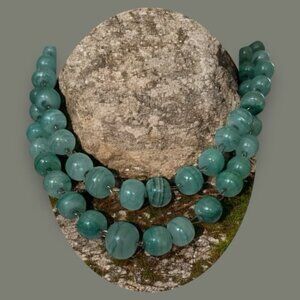 Necklace, Artisan Glass Beads, Round, Band Clasp, Green, Double Turn.!